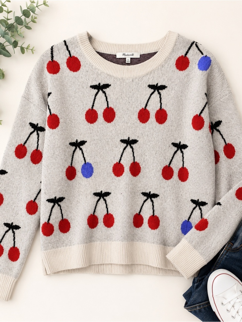 Madewell Sweater Womens XS Cherry Knit Crew Neck Pullover Sweater Cream Multi